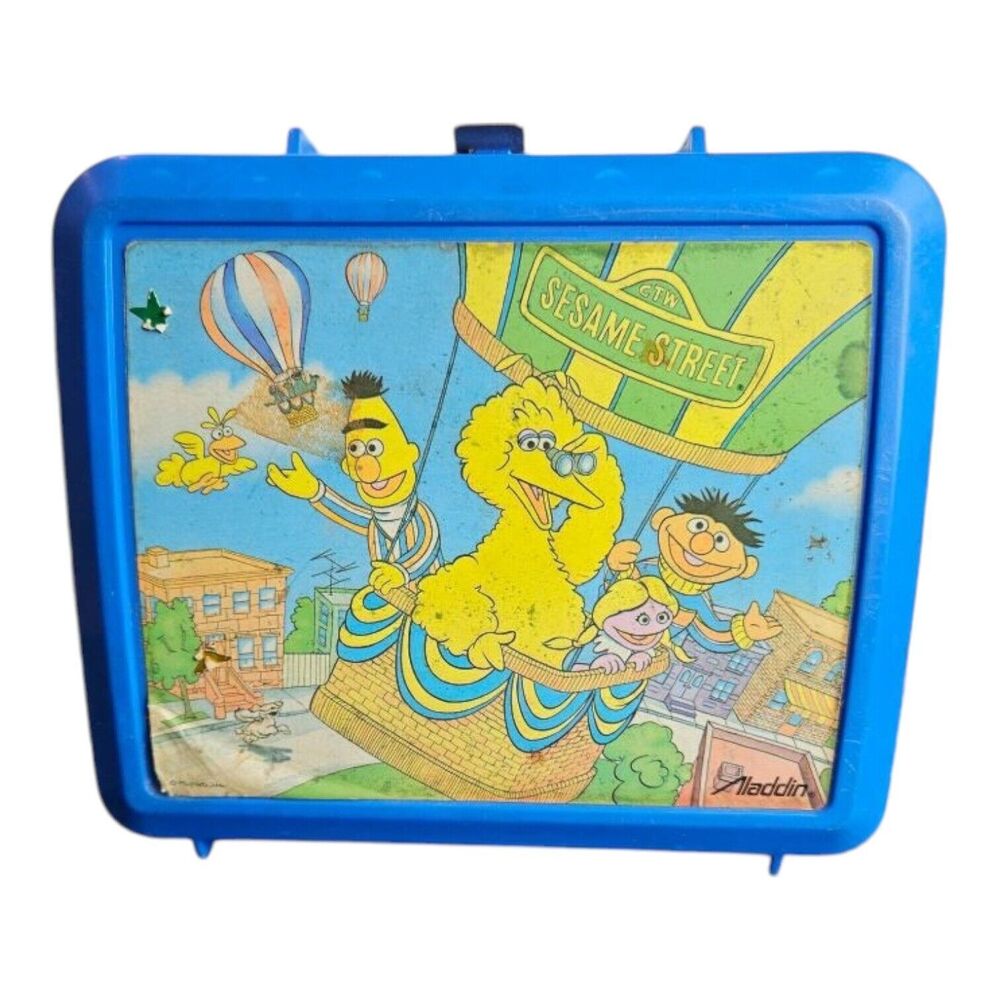 Vtg Sesame Street Plastic Lunch Box with Thermos Blue Aladdin 1980s Complete